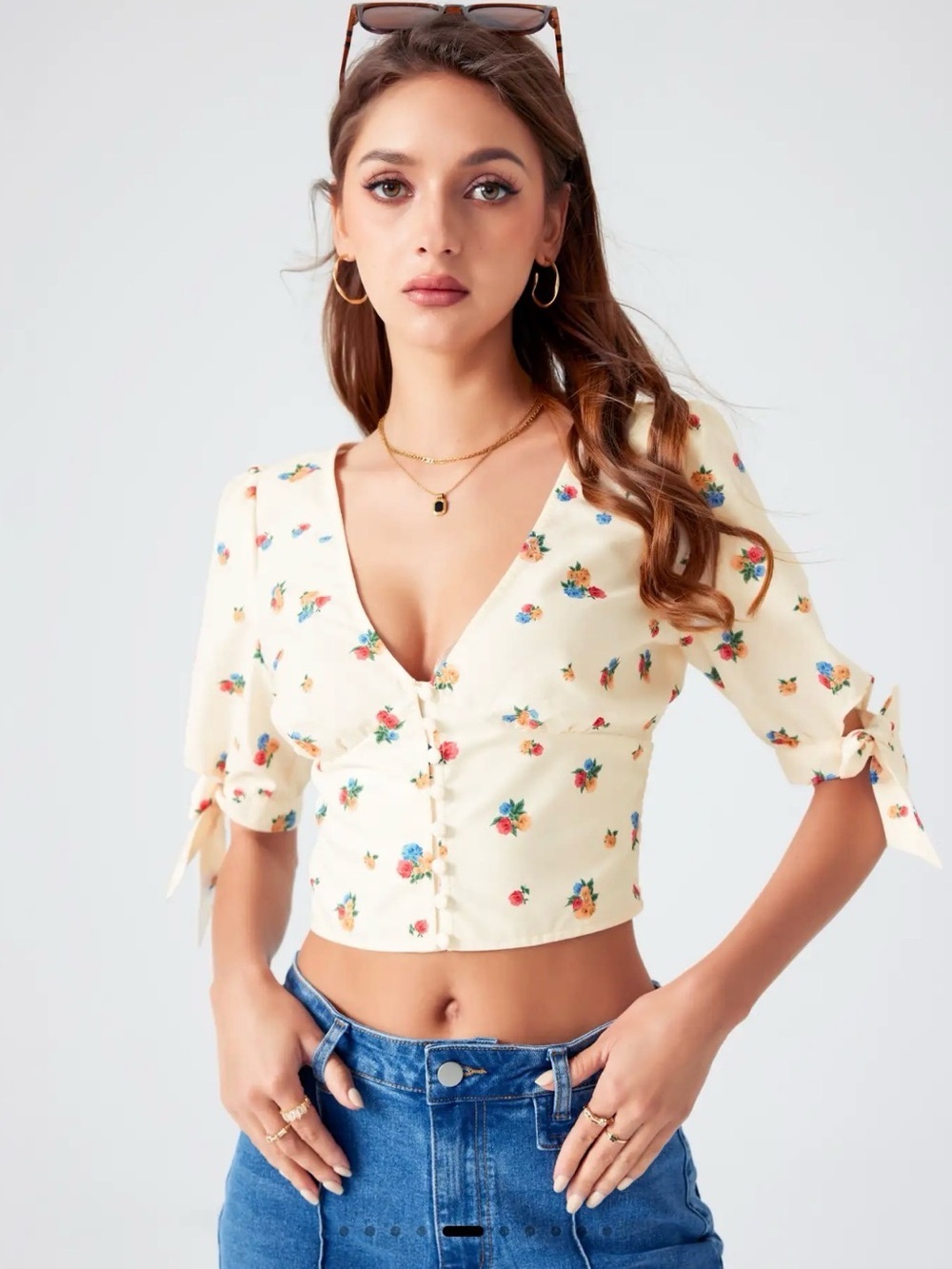 Cider XL Ivory Floral Cropped Puff Sleeve Tie Button Blouse for Women